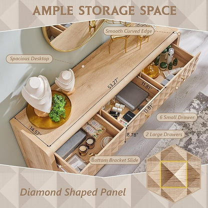 Modern 5 Drawer Dresser for Bedroom, Wooden Tall Dressers &Chests of Drawers w/Two Different Drawer Sizes, Mid Century Modern Dresser w/Diamond Panel Decorate for Bedroom,Curved Profile Design,Natural