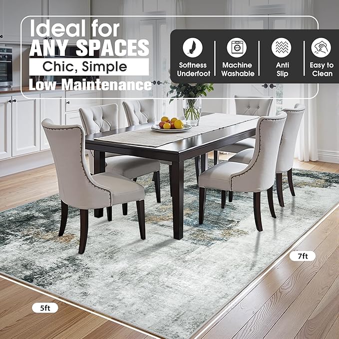 5x7 Area Rugs for Living Room Rug Washable: Abstract Rug for Dining Room Bedroom Carpet Non Slip 5 by 7 Indoor Modern Nursery Home Office Black Gold