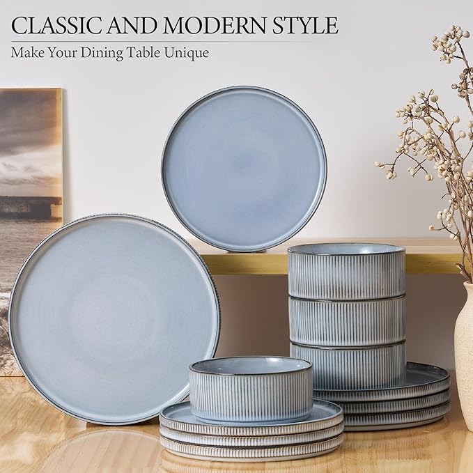 E-far Stoneware Dinnerware Sets, 18-Pieces Modern Plates and Bowls Sets, Kitchen Dinning Porcelain Dishes Set for 6, Chip & Scratch Resistant, Dishwasher & Microwave Safe, Dusty Blue