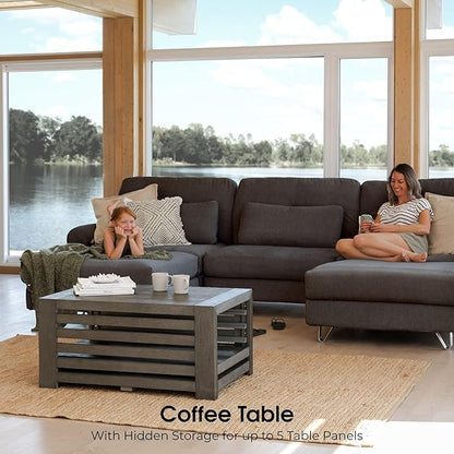 Transformer Expandable Dining Table Set – Solid Wood Table for 2 to 12 with Bench and Coffee Table Panel Storage – Space-Saving Adjustable Dining Furniture (Dark Grey, Table + Bench + Coffee Table)