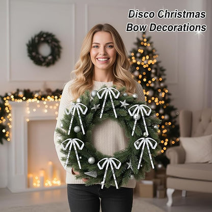 24 Pcs 5 Inch Disco Christmas Bow Ornament Disco Bulk Silver Mirror Ribbon Sequin Glitter Bow Decorations for Christmas Tree Xmas Holiday Wreath Fireplace Garland Party Favor Home