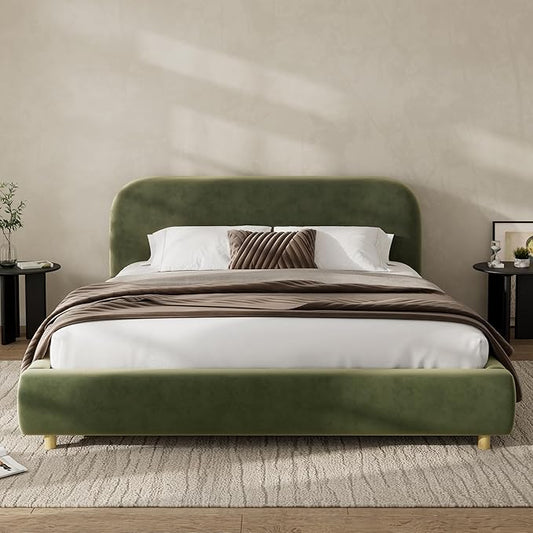 Green King Size Bed Frame, Upholstered Cloud Boucle Platform Beds Frames with Headboard, Anti-Collision Soft Rounded Corners Footboard, No Box Spring Required, Easy Assembly (Olive Green, King)