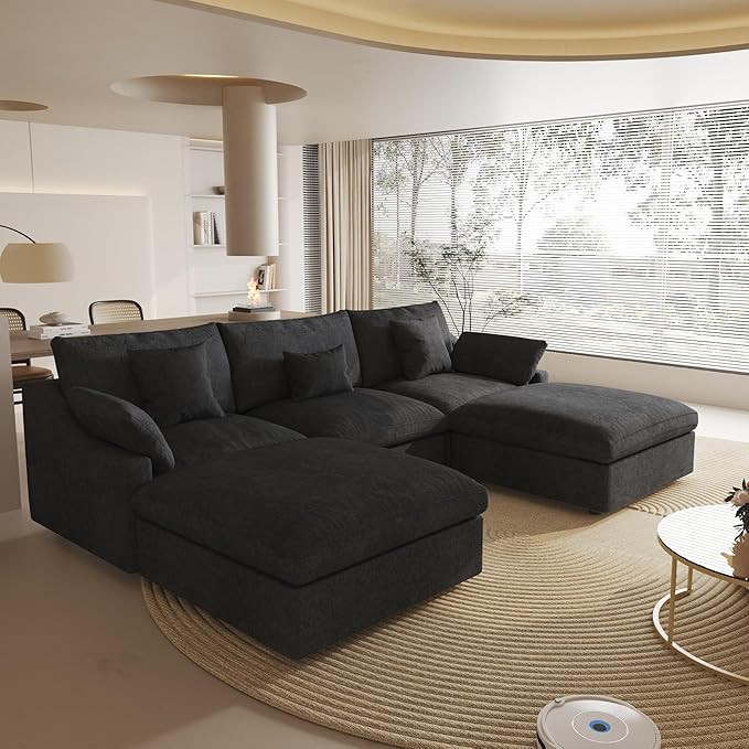Cloud Couch Modular Sectional Sofa,119.29" U Shaped Couch, Oversized Down Filled Convertible Wide Seater,3 Seater with 2 Ottomans for Living Room Set, Covers Washable&,Black