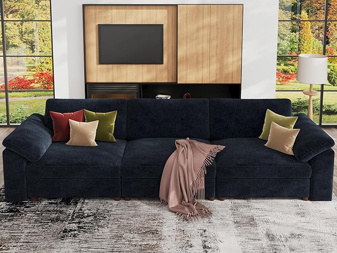 EASE MOOSE Modern 3 Seat Sectional Modular Sofa, FSC Certified Chenille Comfty Deep Seat Couch for Living Room,Solid Wood Frame Sofa, Removable Cover