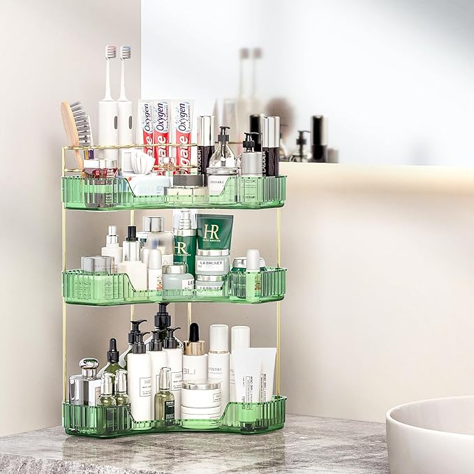 3 Tier Corner Bathroom Organizer Countertop, Vanity Makeup Organizer with Brush Holder, Space-Saving Skincare Storage Corner Shelf for Bathroom, Kitchen