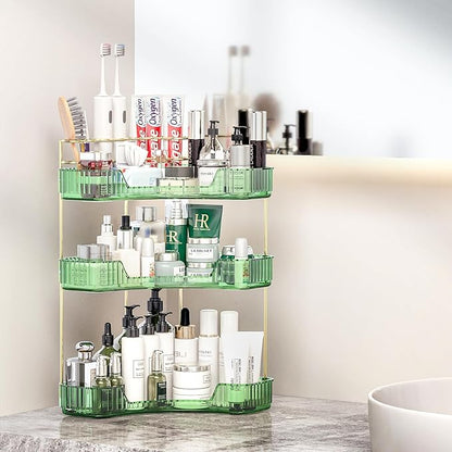 3 Tier Corner Bathroom Organizer Countertop, Vanity Makeup Organizer with Brush Holder, Space-Saving Skincare Storage Corner Shelf for Bathroom, Kitchen