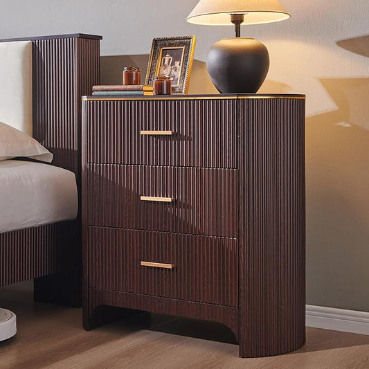 Fluted 3 Drawers Nightstand with Charging Station,31.7" W Bedside Table with Curved Profile Design,End Table Storage with USB Ports for Bedroom,Living Room,Gold Metal Handle, Brown Oak