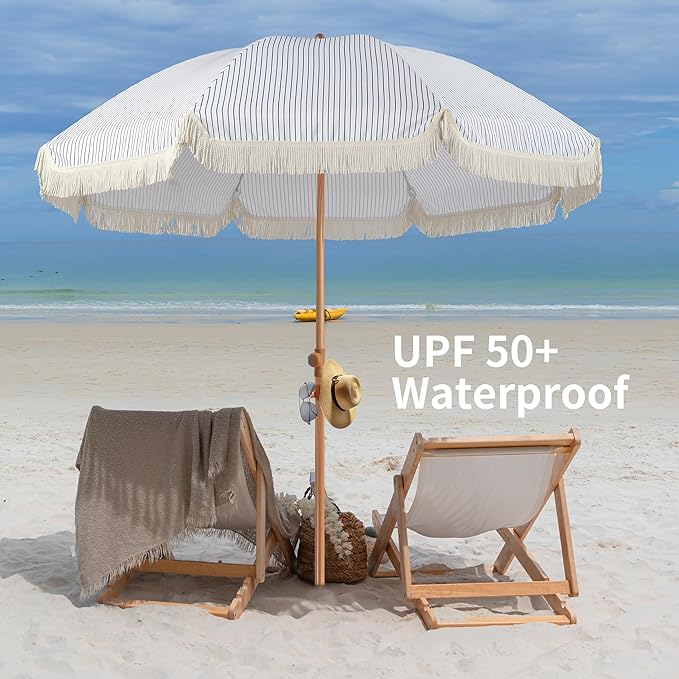 7.5ft Patio Umbrella with Fringe, Beach Umbrella, Fringe Umbrella Outdoor Patio with Hanging Hook, Tilting Aluminum Pole, UV 50+, Fiberglass Ribs, Blue White Stripe