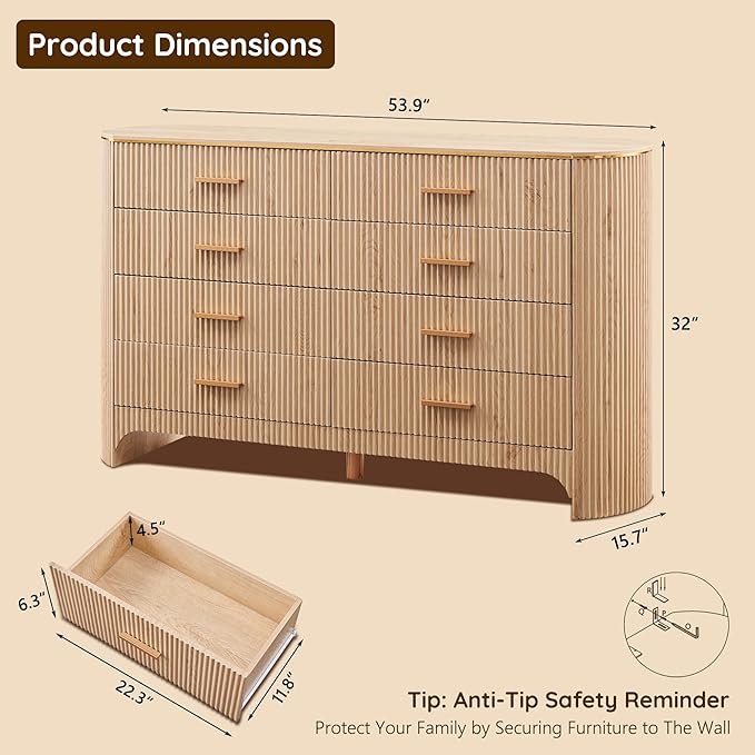 Fluted 8 Drawer Dresser for Bedroom with Curved Profile Design,53.9" W Wide Chest of Drawers with Reeded Front Panels,Wide Storage Cabinet with Smooth-Glide Drawers for Living Room,Natural Oak
