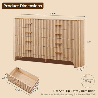 Fluted 8 Drawer Dresser for Bedroom with Curved Profile Design,53.9" W Wide Chest of Drawers with Reeded Front Panels,Wide Storage Cabinet with Smooth-Glide Drawers for Living Room,Natural Oak