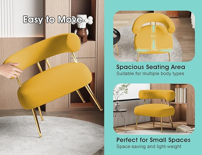 Modern Velvet Accent Chair, Round Upholstered Barrel Armchair for Small Spaces, Fluffy Side Corner Chair for Living Room, Bedroom(Yellow)