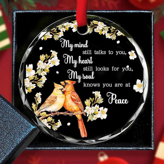 Cardinal Memorial Glass Ornament - “My Mind Still Talks to You” Glass Ornament Keepsake for Loss of Loved One - Remembrance Christmas Hanging Decoration, 3-Inch