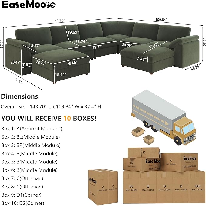 EASE MOOSE Sectional Modular Sofa,Oversized U Shape Sectional Couch Wide Deep Seat Modular Cloud Couch,Green