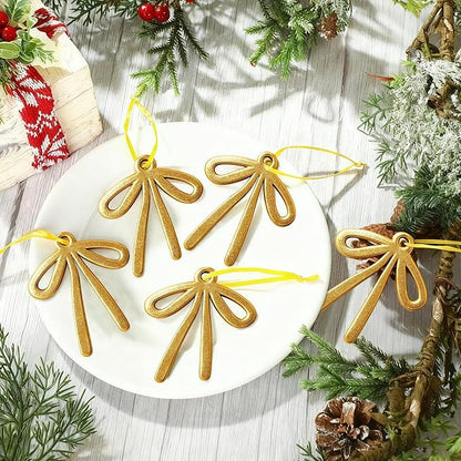 24 Pcs 2025 Christmas Metal Bow Ornaments Bulk for Christmas Tree Garland Wreath Fireplace Vintage Gold Bow Ornaments Indoor Outdoor Home Xmas Party Decorations
