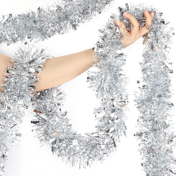 50 Feet Christmas Tinsel Garland Metallic Twist Shiny Garland for Xmas Christmas Tree Decorations,Holiday Home Party Supplies Indoor Outdoor Decor (Silver)
