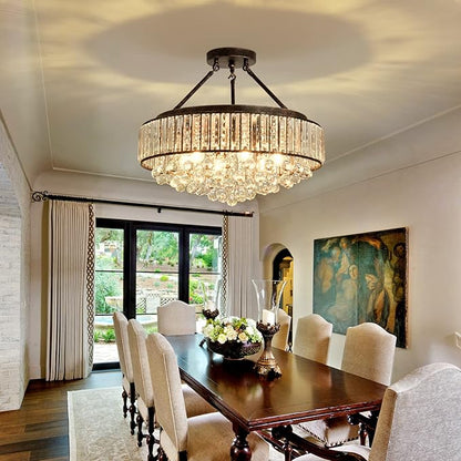 YYJLX 6 Light Modern Crystal Oil Rubbed Bronze Metal Semi Flush Mount Ceiling Light Fixture E26 Indoor Round Ceiling Lamp for Dining, Living, Foyer, Kitchen, Bedroom