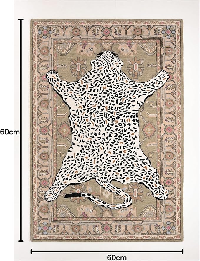 Handmade Leopard Wool Area Rug with Traditional Oushak Motif – Exquisite Animal Print Cheetah Rugs for Living Room, Bedroom | Plush Texture, Vintage Style, Thick & Durable Carpet (Neutral, 5' Round)