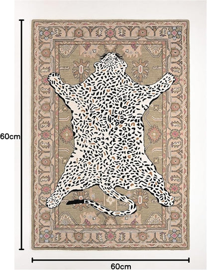 Handmade Leopard Wool Area Rug with Traditional Oushak Motif – Exquisite Animal Print Cheetah Rugs for Living Room, Bedroom | Plush Texture, Vintage Style, Thick & Durable Carpet (Neutral, 5' Round)