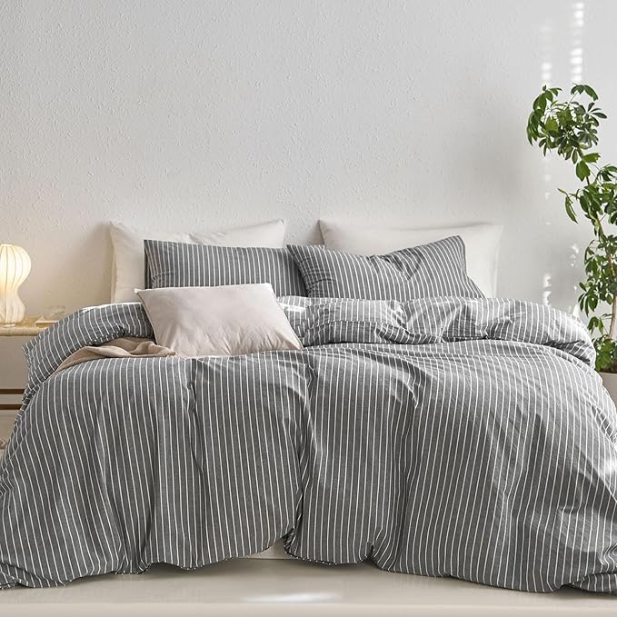 MooMee Striped Duvet Cover Set 100% Washed Cotton Linen Like Textured Breathable Durable Soft Comfy (Dark Grey White Wide Stripes, Queen 90"x90")