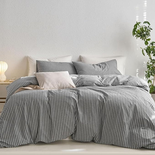 MooMee Striped Duvet Cover Set 100% Washed Cotton Linen Like Textured Breathable Durable Soft Comfy (Dark Grey White Wide Stripes, Queen 90"x90")