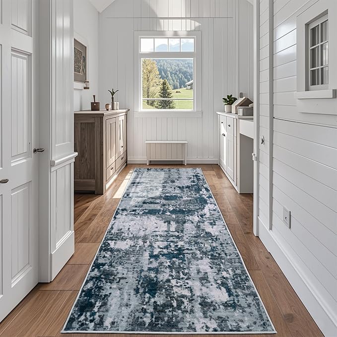 Runner Rug for Hallways Kitchen 2'6"x8' Washable Non Slip: Carpet Non Skid 8ft Entryway Rubber Backed 8 Feet Neutral Abstract Modern Rug Low Pile Pet Friendly Indoor Navy Grey