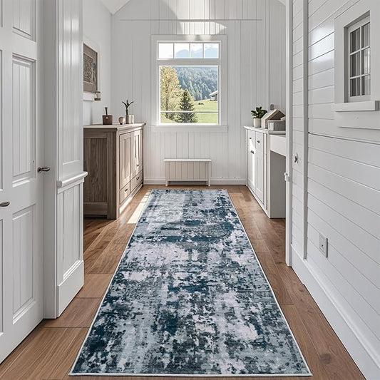 Runner Rug for Hallways Kitchen 2'6"x8' Washable Non Slip: Carpet Non Skid 8ft Entryway Rubber Backed 8 Feet Neutral Abstract Modern Rug Low Pile Pet Friendly Indoor Navy Grey
