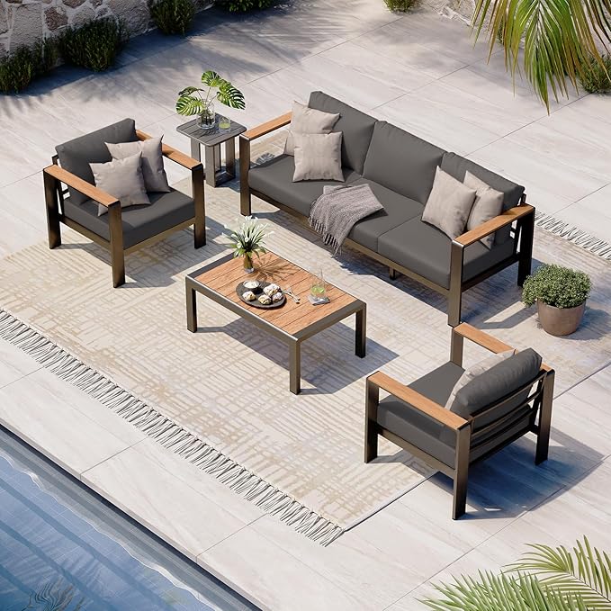 Aluminum Outdoor Patio Furniture Set with Table, 4 Piece Outdoor Chair Conversation Sets with Washable Thick Cushions, Patio Sectional Furniture Set for Porch, Balcony, Deck, Graphite
