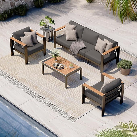 Aluminum Outdoor Patio Furniture Set with Table, 4 Piece Outdoor Chair Conversation Sets with Washable Thick Cushions, Patio Sectional Furniture Set for Porch, Balcony, Deck, Graphite