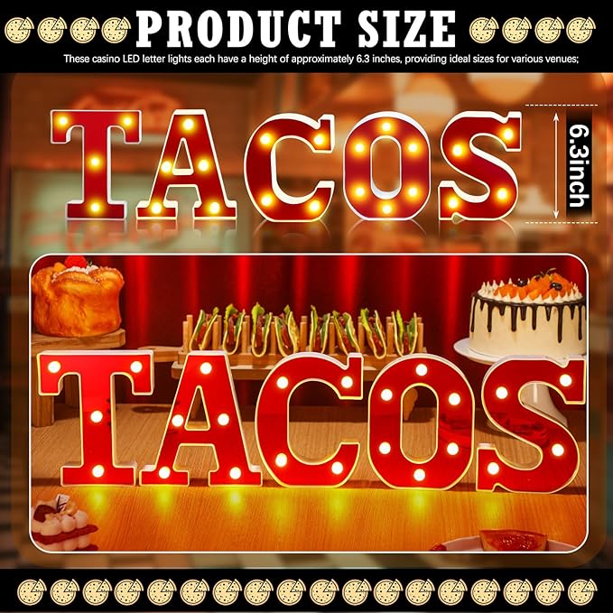 Tacos Light up Letters Sign Party Decorations Battery Powered Marquee Lighted Sign Alphabet LED Letter Lights for Christmas Tacos Bar Themed Party Birthday Home Tabletop Decor Supplies