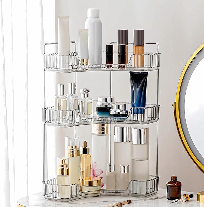 Corner Bathroom Counter Organizer Bathroom Countertop Shelf Makeup Organizer for Vanity Perfume Corner Storage (3 Tiers, Grey)