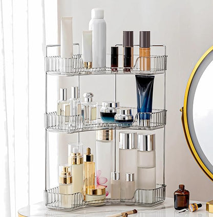 Corner Bathroom Counter Organizer Bathroom Countertop Shelf Makeup Organizer for Vanity Perfume Corner Storage (3 Tiers, Grey)