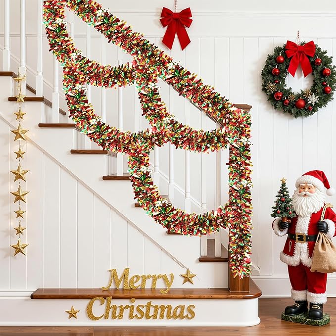 50FT Christmas Tinsel Garland, Red Green&Gold Metallic Twist Shiny Hanging Garland Ornaments for Christmas Tree, Party Supplies Thick Metallic Xmas Streamers