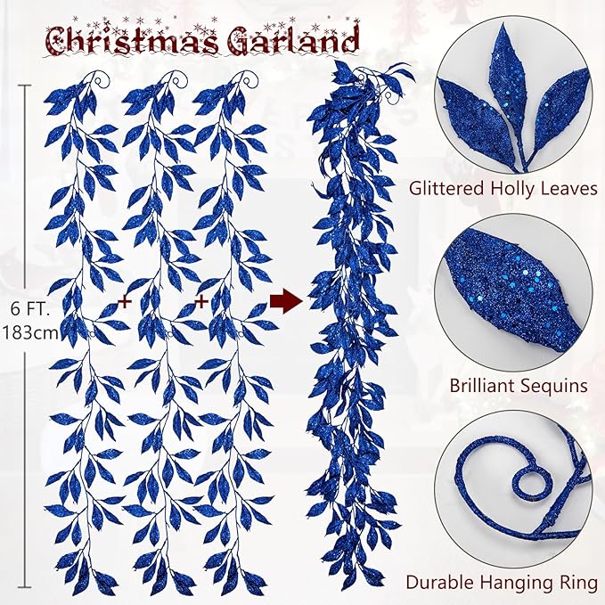 3 Pcs 6FT Christmas Garland Blue Glittered Artificial Magnolia Leaves for Mantle Christmas Tree Decorations Indoor Outdoor Hanging Garland Ornaments Garden Door Wall Window Stair Holiday Home Decor