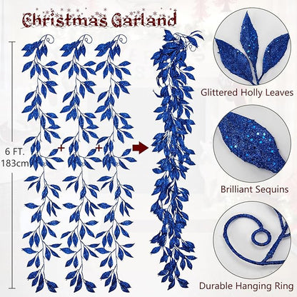 3 Pcs 6FT Christmas Garland Blue Glittered Artificial Magnolia Leaves for Mantle Christmas Tree Decorations Indoor Outdoor Hanging Garland Ornaments Garden Door Wall Window Stair Holiday Home Decor