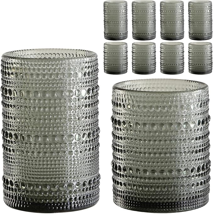 Vintage Hobnail Drinking Glasses Set of 8,Grey 12 oz & 15oz Highball Glass Cups, Kitchen Drinkware Glassware