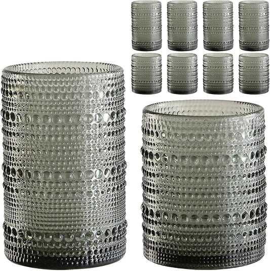 Vintage Hobnail Drinking Glasses Set of 8,Grey 12 oz & 15oz Highball Glass Cups, Kitchen Drinkware Glassware