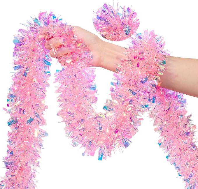 50 FT Pink Christmas Tinsel Garland Christmas Decorations for Xmas Tree Decor, Shiny Iridescent Metallic Twist Hanging Tinsel Garlands for Stairs Mantle Fireplace Home Indoor Holiday Party Supplies