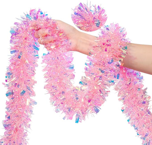 50 FT Pink Christmas Tinsel Garland Christmas Decorations for Xmas Tree Decor, Shiny Iridescent Metallic Twist Hanging Tinsel Garlands for Stairs Mantle Fireplace Home Indoor Holiday Party Supplies