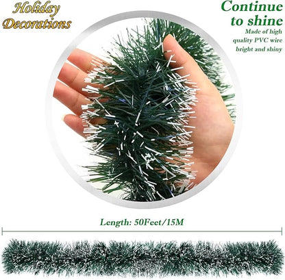 LEASEN 50Ft Green Metallic Twist Christmas Tinsel Garland Decorations with Snowflake Tip, Irregular Shape, Artificial, 50 Feet Long