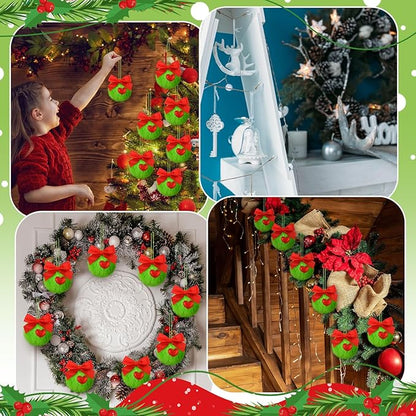 Gejoy 12 Pcs Lime Green Furry Christmas Ball Ornaments with Red Bow for Tree Green Christmas Hanging Decorations Soft Faux Fur Pom Pom Ball Ornaments for Home Party Supply Fireplace Mantel Wall Decor