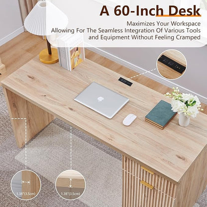 JXQTLINGMU 60" Modern Executive Desk with Storage, Wood Home Office Desk with Drawer & Cabinet, Fluted Computer Writing Desk for Study, Living Room, Bedroom, Oak
