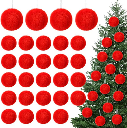 12Pcs Red Furry Christmas Ball Ornament for Xmas Tree Red Soft Faux Fur Pom Pom Ball Ornaments Christmas Tree Hanging Decorations for Winter Party Home Decor Costume Supplies