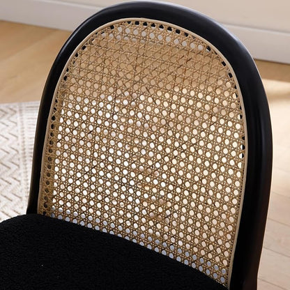 Upholstered Wooden Dining Chairs Set of 4, Farmhouse Kitchen & Dining Room Chairs with Cane Back, Accent Rattan Dining Table Chairs Sherpa Seat for Kitchen/Restaurant/Living Room, Black