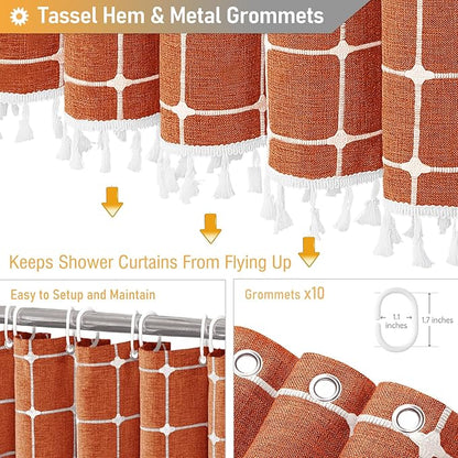 BTTN Stall Fabric Shower Curtain - 54x78 Inches Boho Linen Heavy Duty Tassel Shower Curtain Set with 10 Hooks, Narrow Rustic Modern Farmhouse Neutral Thick Shower Curtains for Bathroom - Brunt Orange