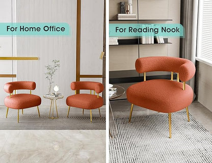 Mid Century Sherpa Boucle Accent Chair, Round Upholstered Barrel Arm Chair for Small Spaces, Fluffy Side Corner Chair for Living Room, Bedroom, Vanity, Office, Reading Nook(Orange)