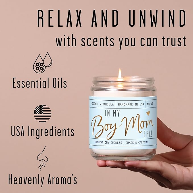 Boy Mom Gifts for Mothers Day - 'in My Boy Mom Era' Soy Candle, w/Vanilla, Coconut & Citrus I 50Hr Burn, Made in USA