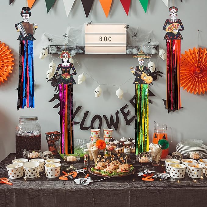 codree 4 PCS Day of The Dead Sugar Skull Hanging Decorations-27.5x5 Inch Dia De Los Muertos Hanging Decorations for Day of The Dead Halloween Party Home Outdoor Decor