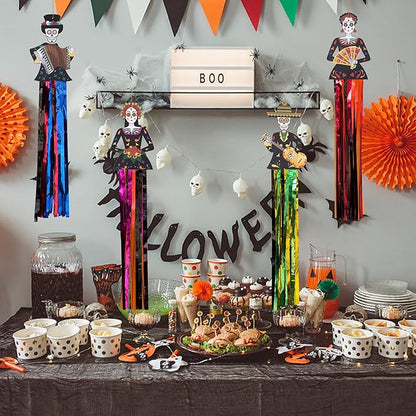 codree 4 PCS Day of The Dead Sugar Skull Hanging Decorations-27.5x5 Inch Dia De Los Muertos Hanging Decorations for Day of The Dead Halloween Party Home Outdoor Decor