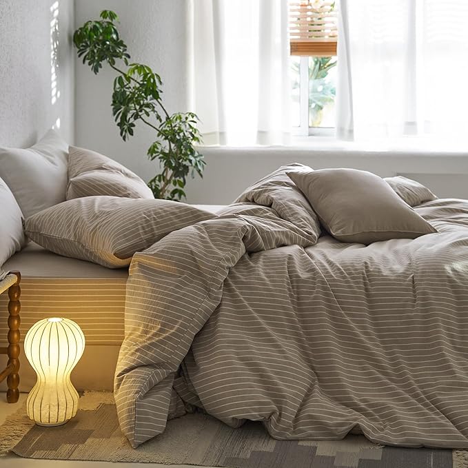 MooMee Striped Duvet Cover Set 100% Washed Cotton Linen Like Textured Breathable Durable Soft Comfy (Tannish Linen Grey White Wide Stripes, Palatial King/Oversized King 120"x98")