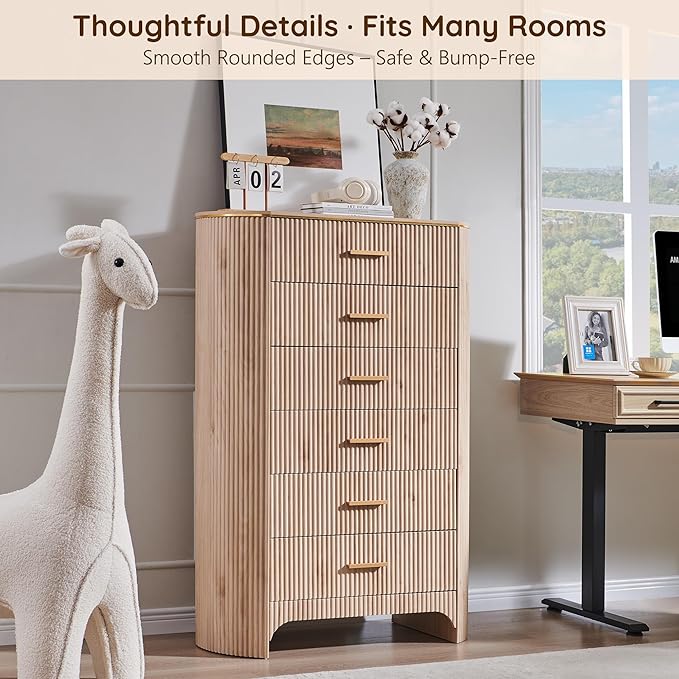 Fluted 6 Drawer Tall Dresser with Curved Profile,47.8" Tall Drawers with Reeded Texture,Gold Handles Storage Organizer Cabinet for Bedroom,Living Room,Entryway,Light Oak